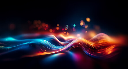 Leinwandbilder - Abstract flowing waves of vibrant light in blue, orange, and red hues on a dark backdrop. Bokeh lights create depth and motion in this dynamic image.
