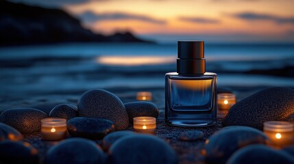 Sticker - Coastal perfume bottle at sunset, candlelit stones