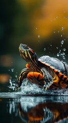 Poster - Turtle splashing in water with vibrant orange and black patterns, droplets captured mid-air. Wildlife and nature photography concept