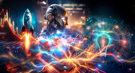 Aufkleber - Futuristic robot head and rocket launch with a bright light bulb, all connected by vibrant energy lines, representing innovation.