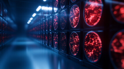 Poster - dynamic 3D visualization of medical data in futuristic environment, showcasing illuminated red elements and sleek design