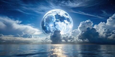 Wall Mural - a majestic night sky silhouette with a super snow moon, surrounded by puffy white clouds drifting ac