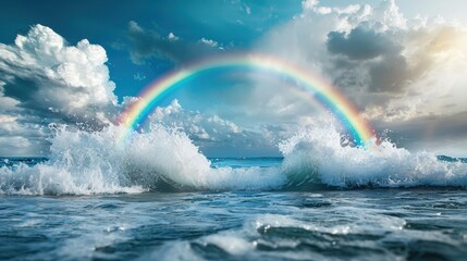 Poster - A panoramic view of a double rainbow over a stormy ocean, with crashing waves and dark clouds contrasting against the colorful arc, showcasing the power and beauty of nature.