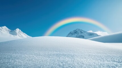 Poster - A brilliant rainbow forming a perfect arc over a snow capped mountain range, with the colorful spectrum reflecting off the pristine white snow, capturing the beauty of contrasting elements.