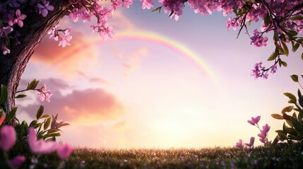 Poster - A fading rainbow in the evening sky, with warm hues of orange, pink, and purple blending into the horizon, creating a magical and ethereal atmosphere.