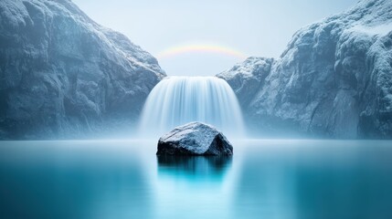 Poster - A long exposure photograph of a waterfall flowing into a crystal clear pool, with a soft, ethereal rainbow arcing over the water, creating a sense of tranquility and wonder.