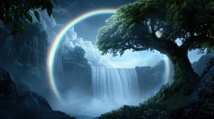 Poster - A double rainbow gracing a serene waterfall scene, with lush greenery surrounding the cascading water, creating a captivating and magical landscape.