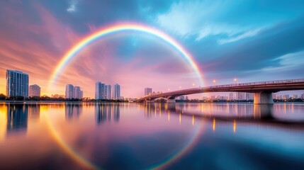 Poster - A rainbow appearing over a bridge spanning a river, with city lights reflecting on the water below, creating a picturesque and vibrant scene.