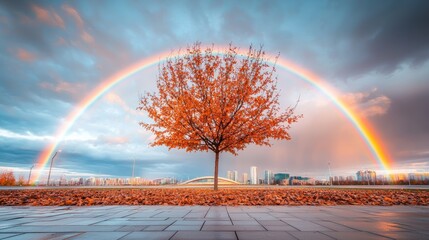 Poster - A double rainbow framing a famous landmark in a bustling city, with the colorful arc adding a touch of magic to the urban landscape.