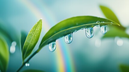 Poster - A close up shot of a double rainbow, with raindrops clinging to leaves in the foreground, highlighting the interplay of light and water droplets.