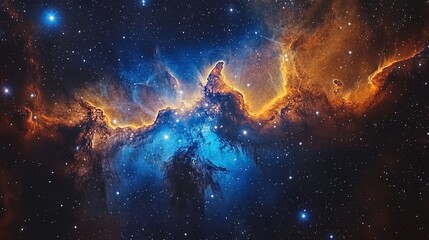 Wall Mural - Intense blue and orange galaxy nebula, with bright stars and cosmic dust particles  