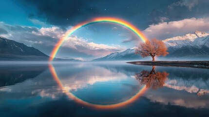 Poster - A double rainbow appearing over a vast plain, with the colorful arcs mirrored in a calm lake below, showcasing the beauty of symmetry in nature.
