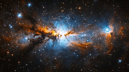 Wall Mural - Intense blue and orange galaxy nebula, with bright stars and cosmic dust particles  