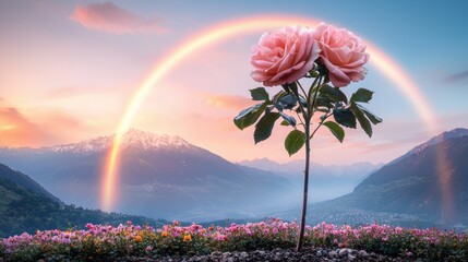 Poster - A double rainbow appearing over a field of wildflowers, with the colorful arcs complementing the vibrant hues of the blooms, celebrating the beauty of nature s palette.