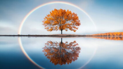 Poster - A perfect reflection of a rainbow in a still lake, with the colorful arc mirrored on the water s surface, creating a symmetrical and serene scene.
