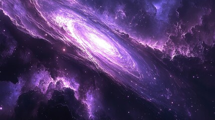Wall Mural - Galaxy with swirling spiral arms and clusters of stars, radiating in a deep purple hue 