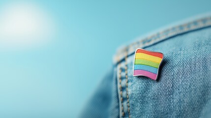 Poster - A close up shot of a rainbow flag pin worn on a denim jacket, representing individual expression, allyship, and support for the LGBTQ community.