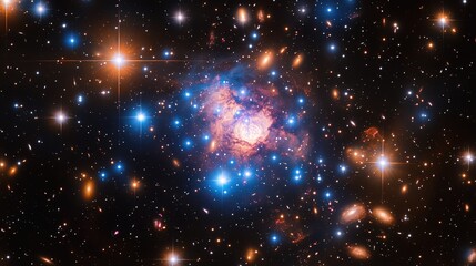 Wall Mural - Galaxy cluster surrounded by a soft pink and blue nebula, serene and endless 