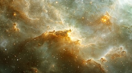 Wall Mural - expansive galaxy with nebula clouds and stars in green and gold, creating a mystical atmosphere