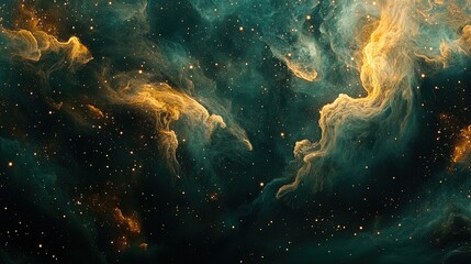 Wall Mural - expansive galaxy with nebula clouds and stars in green and gold, creating a mystical atmosphere