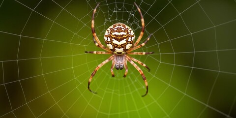 Macro image of a common garden spider Araneus diadematus weaving its intricate web, intricate, close-up