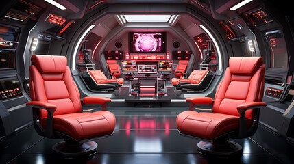 Futuristic Spaceship Bridge: Red Leather Captain's Chairs