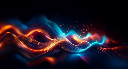 Aufkleber - Abstract flowing waves of vibrant orange and blue hues illuminate against a dark backdrop. The dynamic and glowing lines create a sense of energy and motion in a modern style.