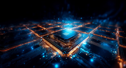 Aufkleber - A luminous microchip dominates the image's center, radiating bright blue and orange light. Intricate lines of a circuit board extend outwards, suggesting advanced digital technology and electronic inn