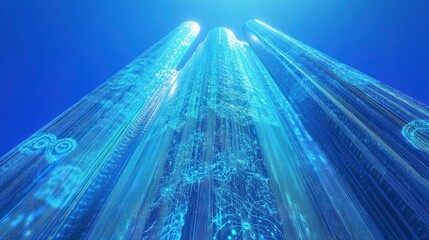 Poster - Blue digital columns, data streams, futuristic background, tech concept