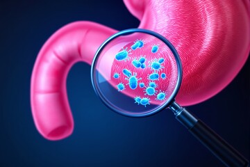 Aufkleber - Magnified bacteria in human intestine under a magnifying glass on dark background.