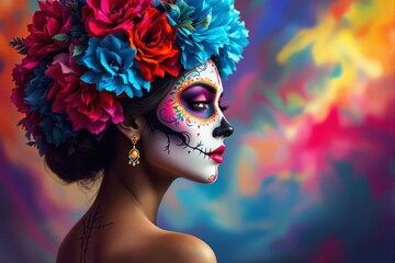 Poster - Woman with colorful Day of the Dead makeup and floral headpiece on vibrant abstract background.