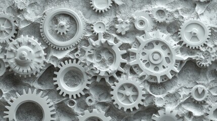 Poster - White gears on rough surface, industrial background, mechanism texture, engineering design