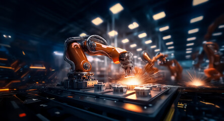 Aufkleber - Automated robotic arms are welding with bright sparks in a modern factory setting, demonstrating industrial automation and advanced manufacturing processes.