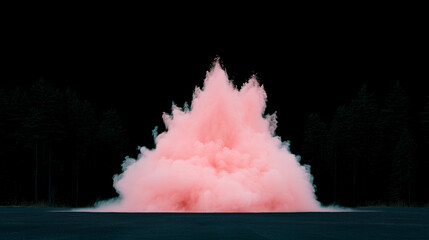 Poster - Pink Explosion: A dramatic and eye-catching shot of a pink cloud explosion against a dark, tree-lined background, conveying a sense of both power and ethereal beauty.