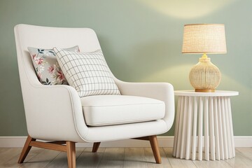 Aufkleber - Cozy armchair with decorative pillows and a side table with a wicker lamp in a modern interior design.