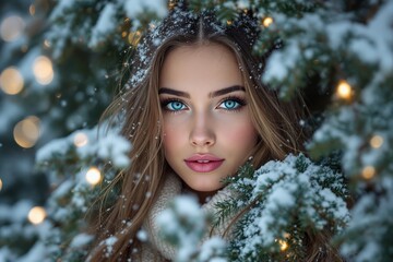 Poster - Closeup portrait of a woman surrounded by snow covered branches and warm bokeh lights.