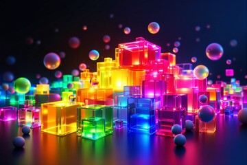 Wall Mural - Vibrant colored glass cubes with glowing spheres on a dark background.