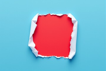 Poster - Torn paper revealing red background on blue surface.