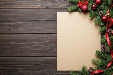 Poster - Christmas-themed wooden background with festive decor and blank paper.