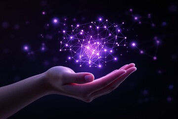 Poster - Futuristic digital network in human hand on dark background.