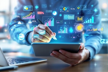 Poster - Businessperson analyzing digital charts and statistics on a tablet.