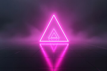 Poster - Neon pink triangular light glowing on reflective tiled surface in a dark, misty background.