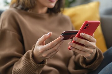Poster - Woman using smartphone and credit card for online payment.
