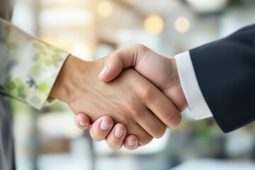 Wall Mural - Close-up of a handshake between two people in business attire, with a light, blurred background. Concept of agreement and partnership.