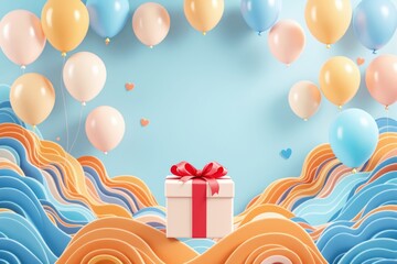 Poster - Colorful balloons and a gift box with a red ribbon on a creative abstract background.