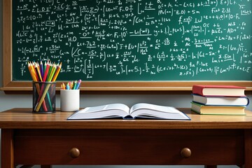 Poster - Classroom setup with colorful pencils, books, and math equations on blackboard.