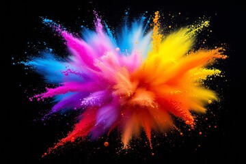 Poster - Vibrant explosion of colorful powder on a black background.