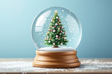 Poster - Christmas tree inside snow globe on table with light blue background.