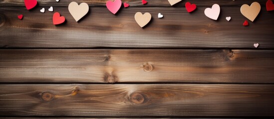 Poster - Wooden background featuring LOVE with red and pink paper hearts scattered along the top creating an inviting copy space for love-themed designs.