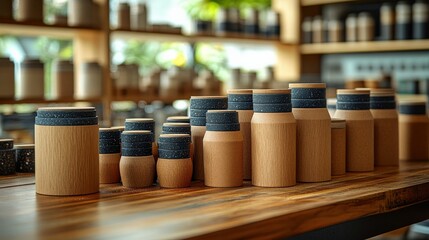 Poster - A collection of wooden containers displayed on a rustic table in a cozy, sunlit workshop